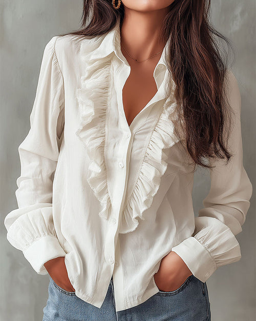 Dama Washington Alma women's ruffle long sleeve blouse cream button up - front view