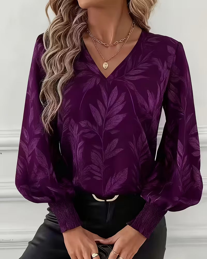 Ayla | Women's Floral V Neck Blouse Long Sleeve Purple
