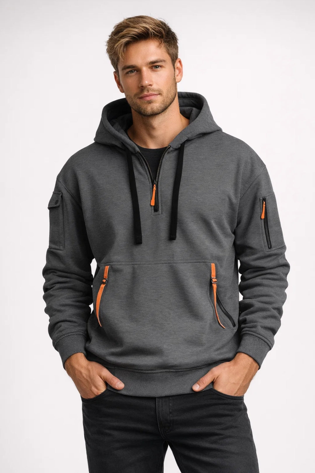 Axel | Men's Hoodie Gray Cargo Pocket Orange Accents
