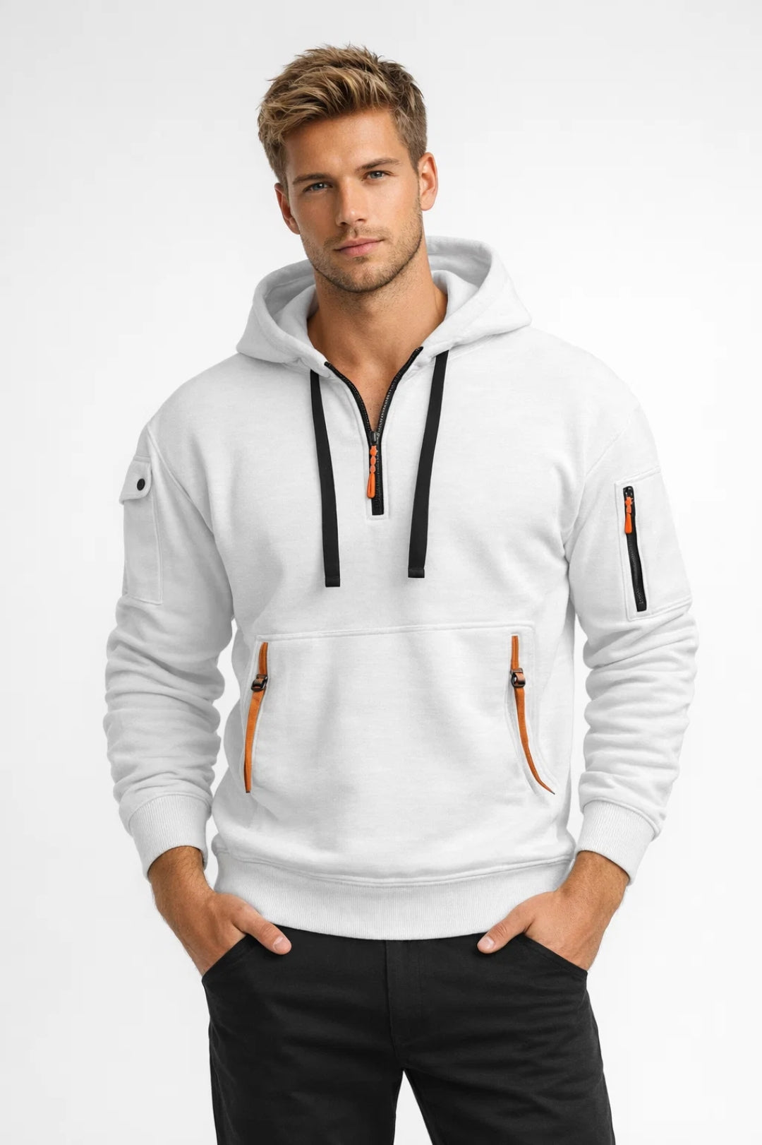 Axel | Men's Hoodie Gray Cargo Pocket Orange Accents
