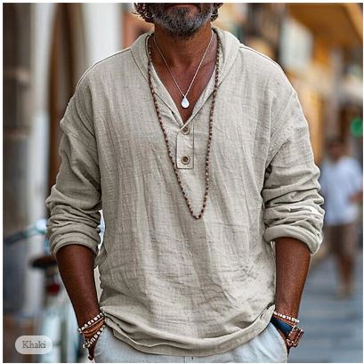 Ash | Men's Linen Shirt Light Blue V Neck Long Sleeve