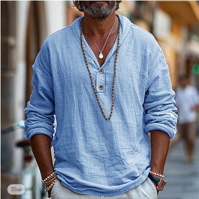 Ash | Men's Linen Shirt Light Blue V Neck Long Sleeve