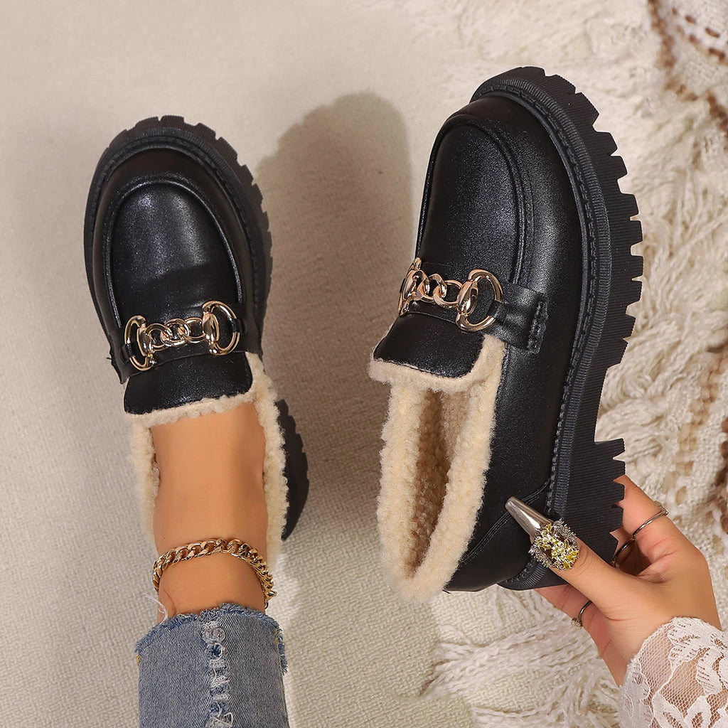 Dama Washington Aria women's sherpa lined loafers black chain detail - front view