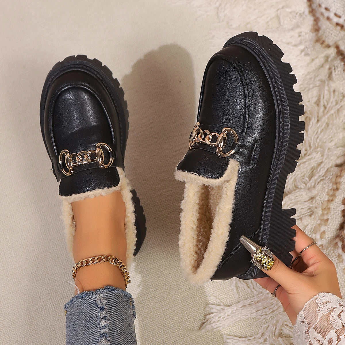 Aria | Women's Sherpa Lined Loafers Black Chain Detail