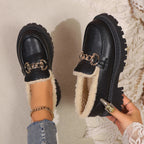 Dama Washington Aria women's sherpa lined loafers black chain detail - front view