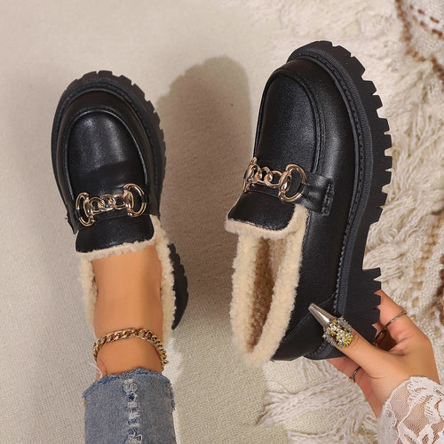 Dama Washington Aria women's sherpa lined loafers black chain detail - front view