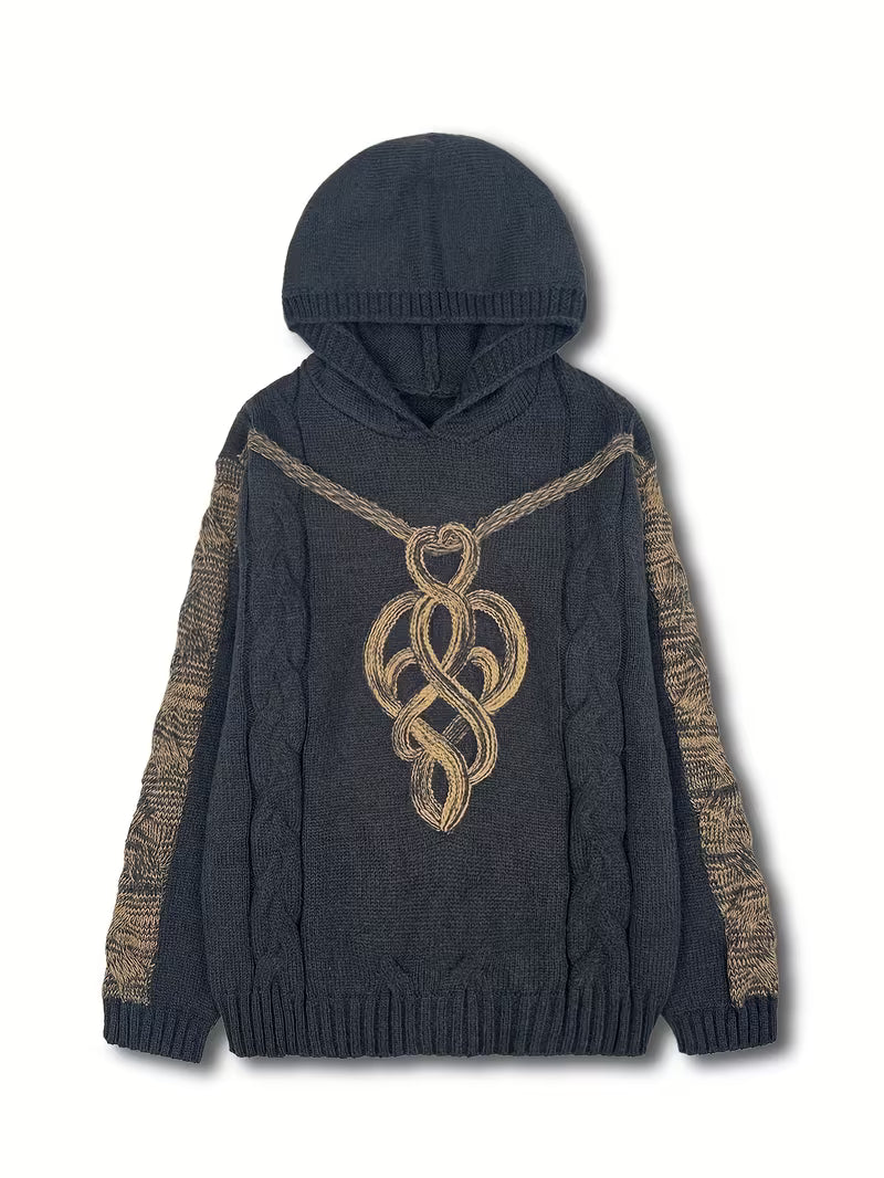 Elodie | Women's Cable Knit Hoodie Black Gold Detail