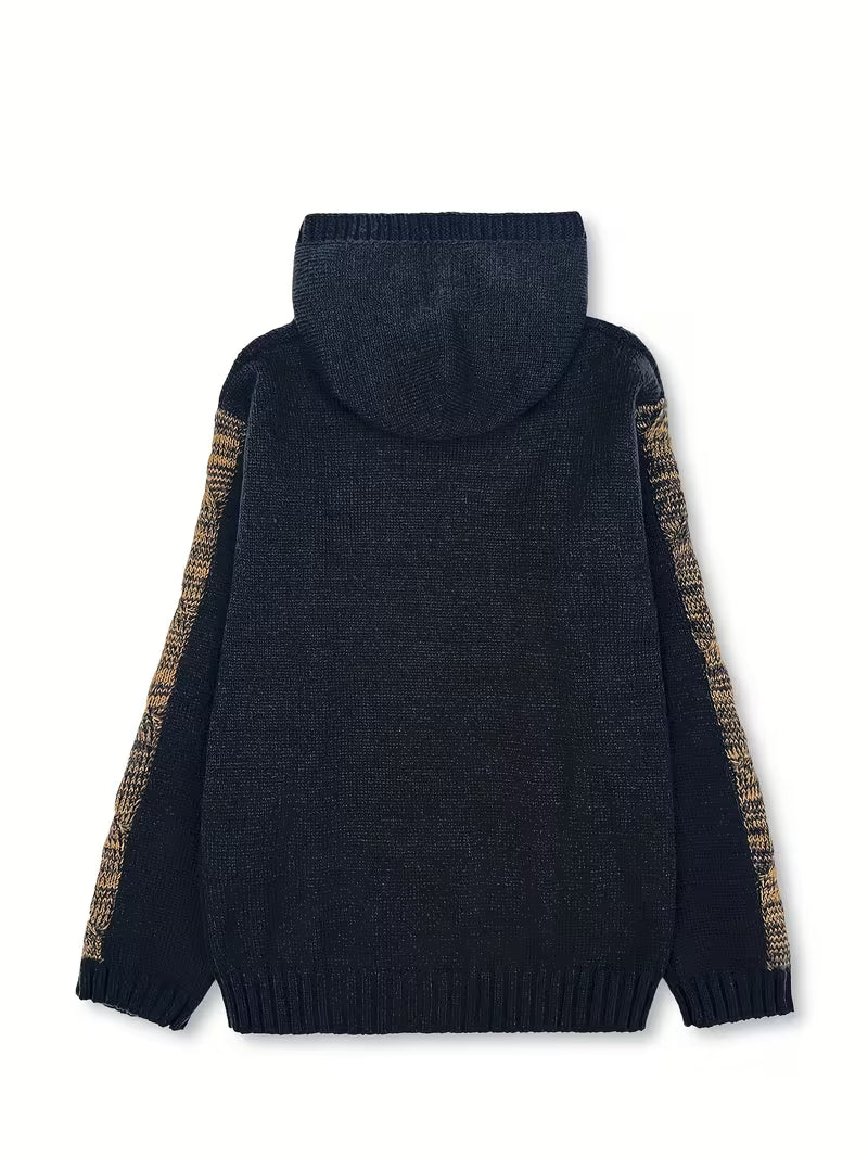 Elodie | Women's Cable Knit Hoodie Black Gold Detail
