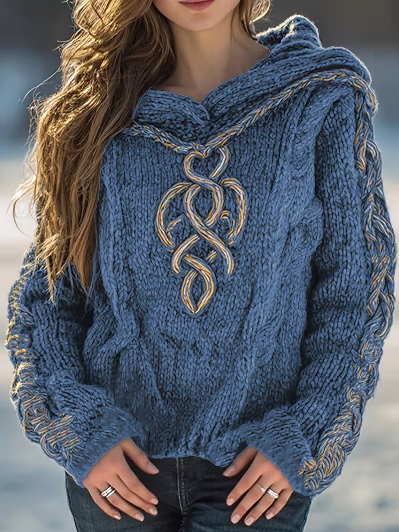 Elodie | Women's Cable Knit Hoodie Black Gold Detail