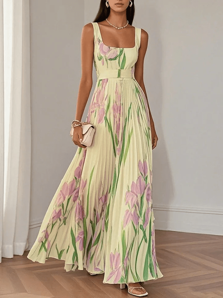 Nola | Women's Floral Maxi Dress Cream Pleated Sleeveless