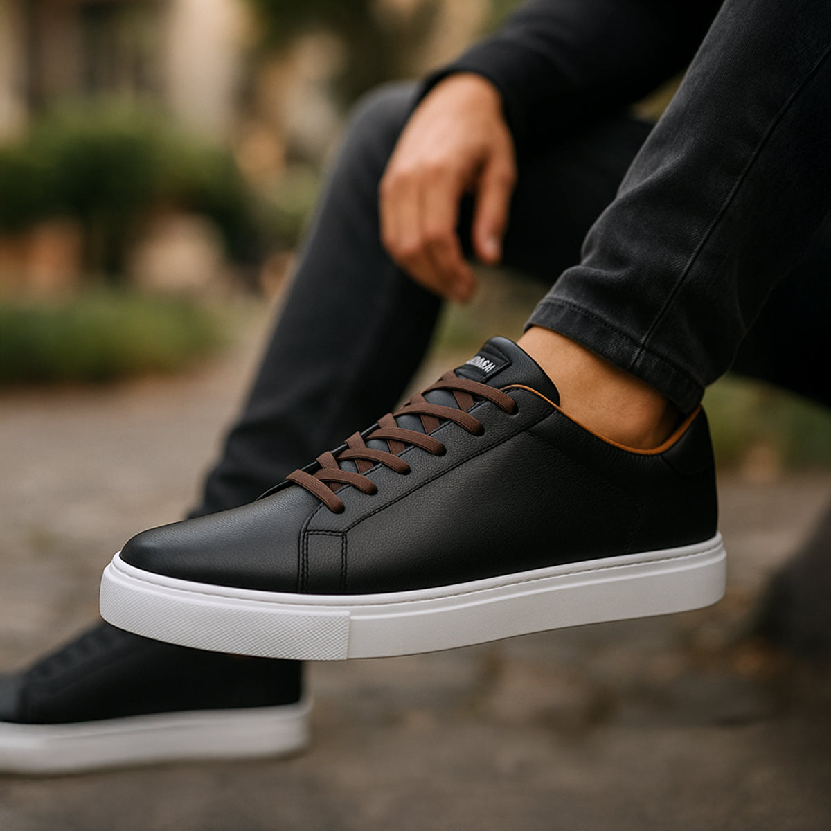 Beau | Men's Casual Leather Slip On Sneakers Black White
