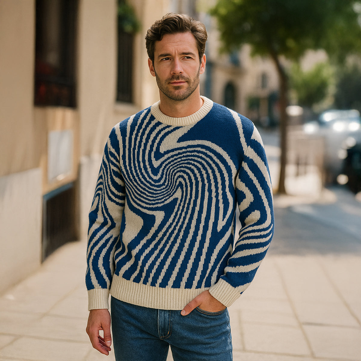 Axel | Men's Crew Neck Sweater Navy White Swirl Knit