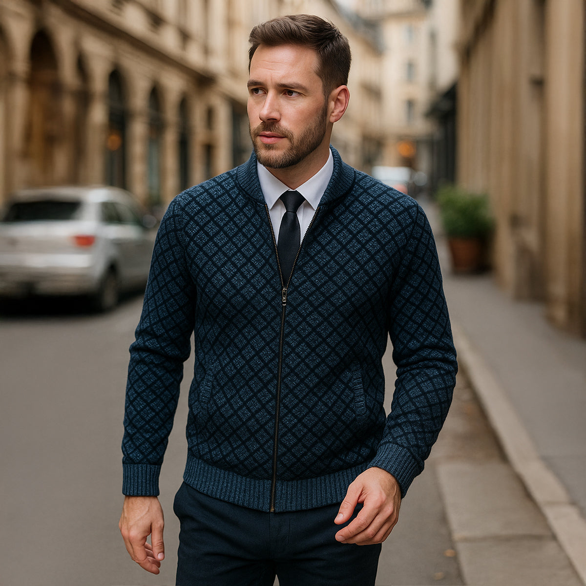 Axel | Men's Diamond Pattern Cardigan Gray Zip Up