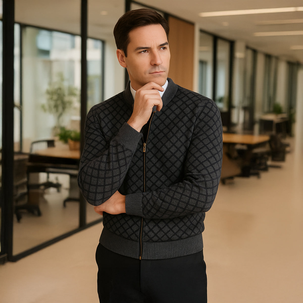 Axel | Men's Diamond Pattern Cardigan Gray Zip Up