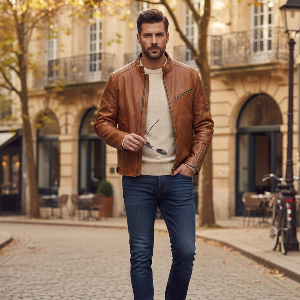 Erik | Men's Leather Jacket Brown Moto Zip Pocket