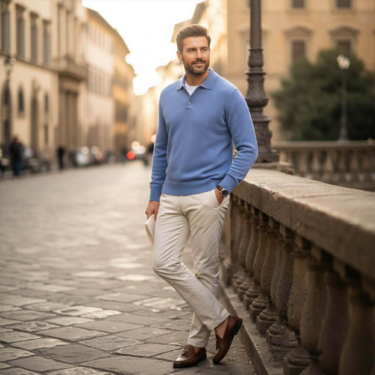 Beau | Men's Crew Neck Polo Sweater Cream Cashmere Long Sleeve