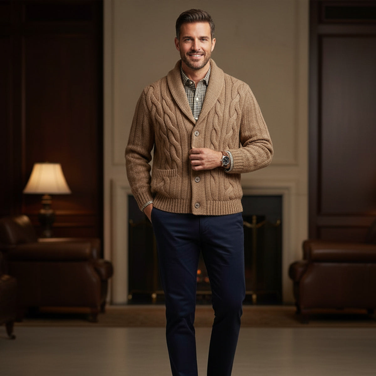 Bram | Men's Cable Knit Cardigan Beige Button Up