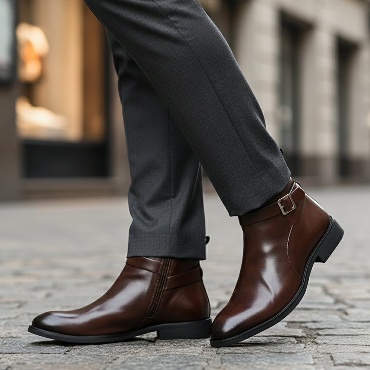 Axel | Men's Black Leather Ankle Boots Buckle Strap