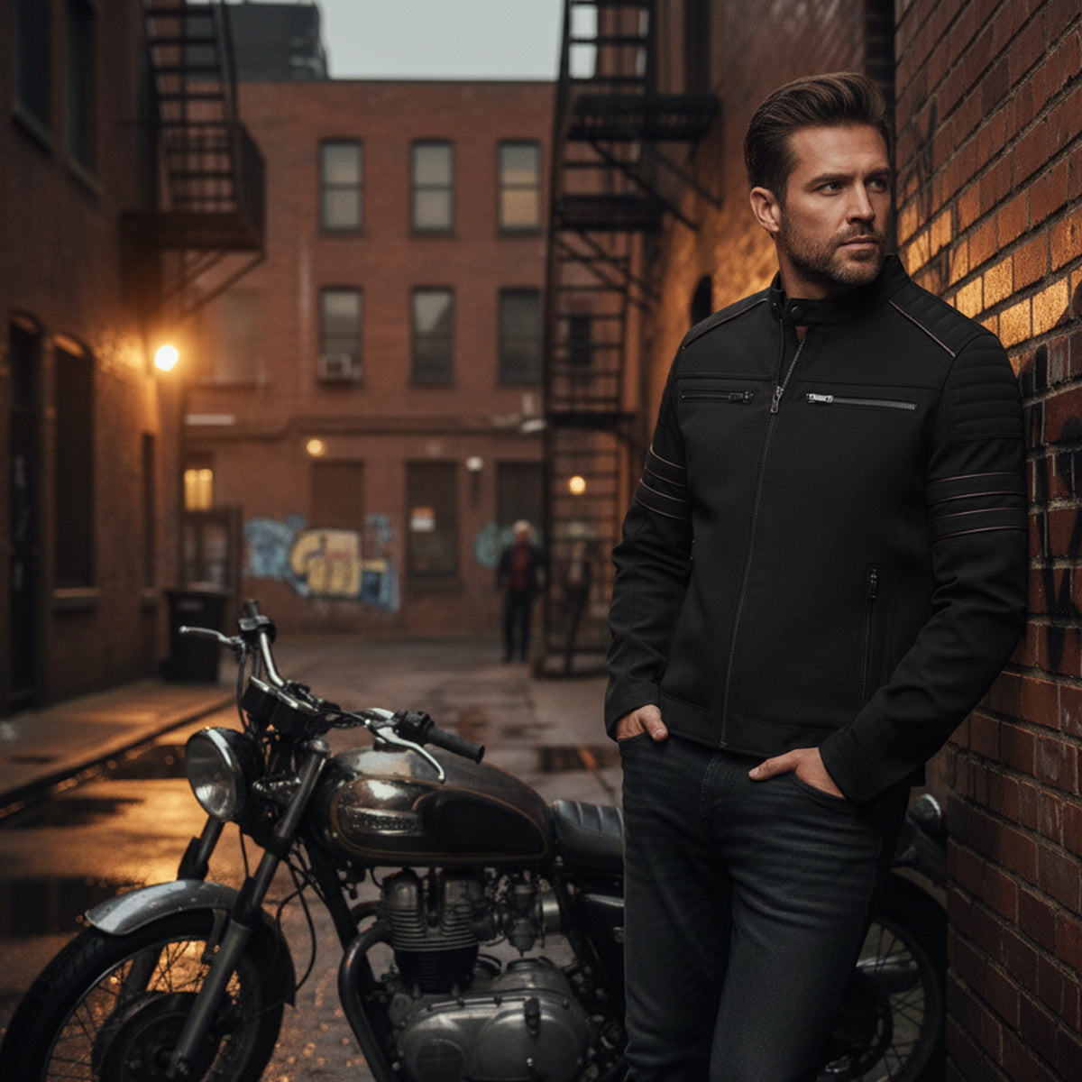 Bram | Men's Moto Jacket Black Quilted Sleeve Stripe