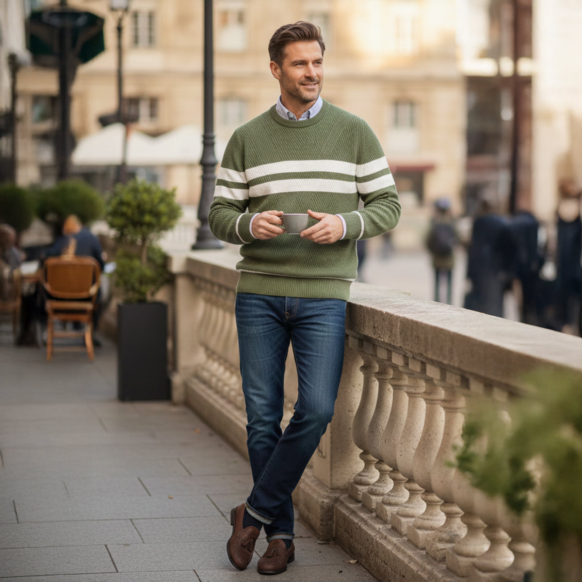 Axel | Men's Crew Neck Sweater Taupe Cream Striped