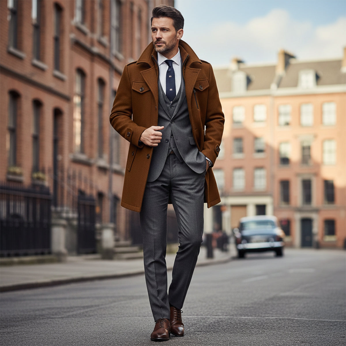 Esme | Men's Wool Coat Brown Long Sleeve Collared