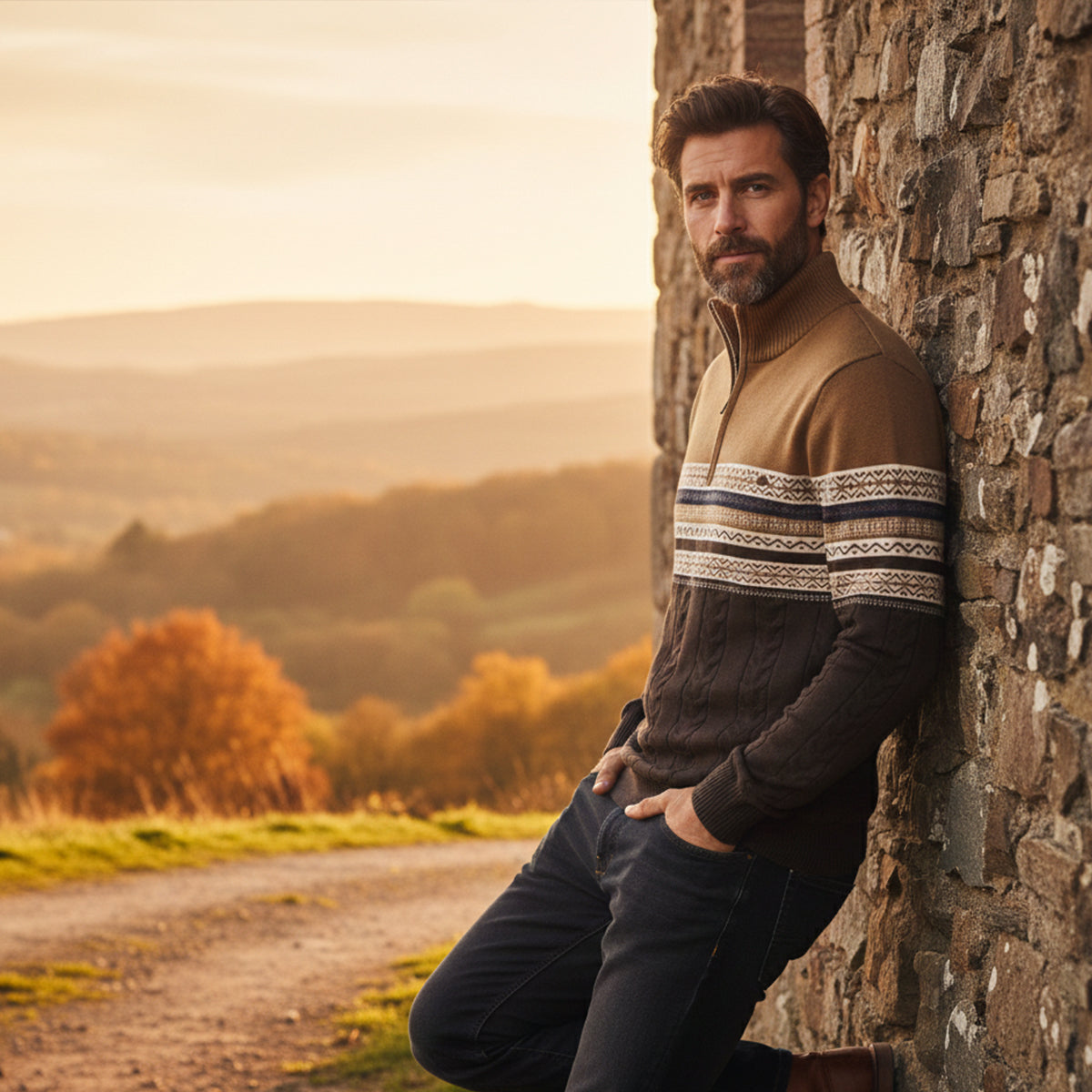 Axel | Men's Fair Isle Quarter Zip Sweater Cream Navy