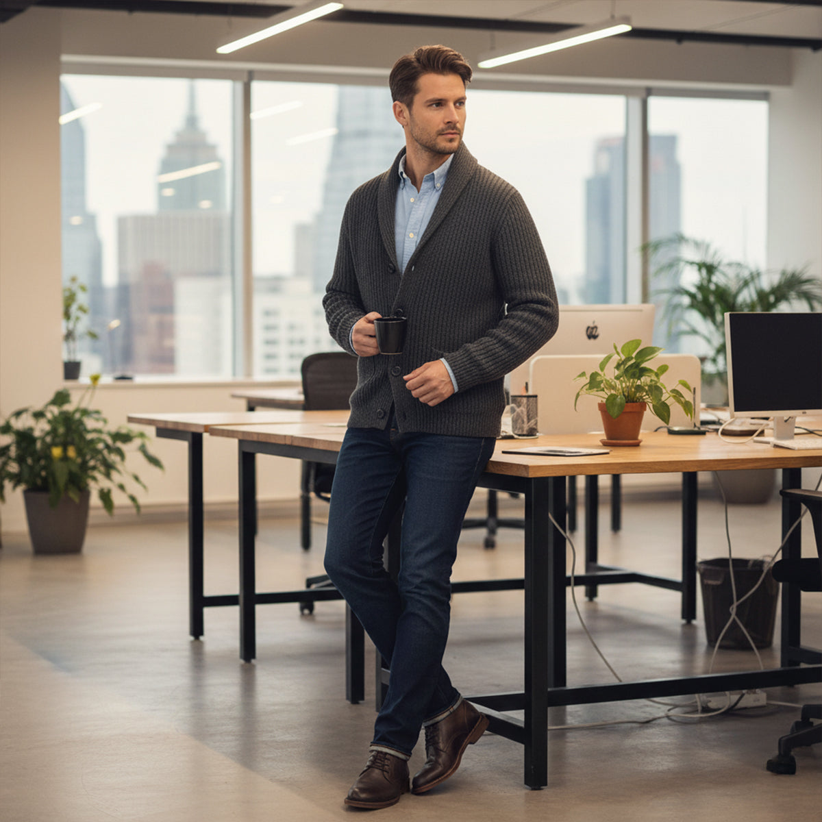 Callum | Men's Shawl Collar Cardigan Dark Gray Chunky Knit
