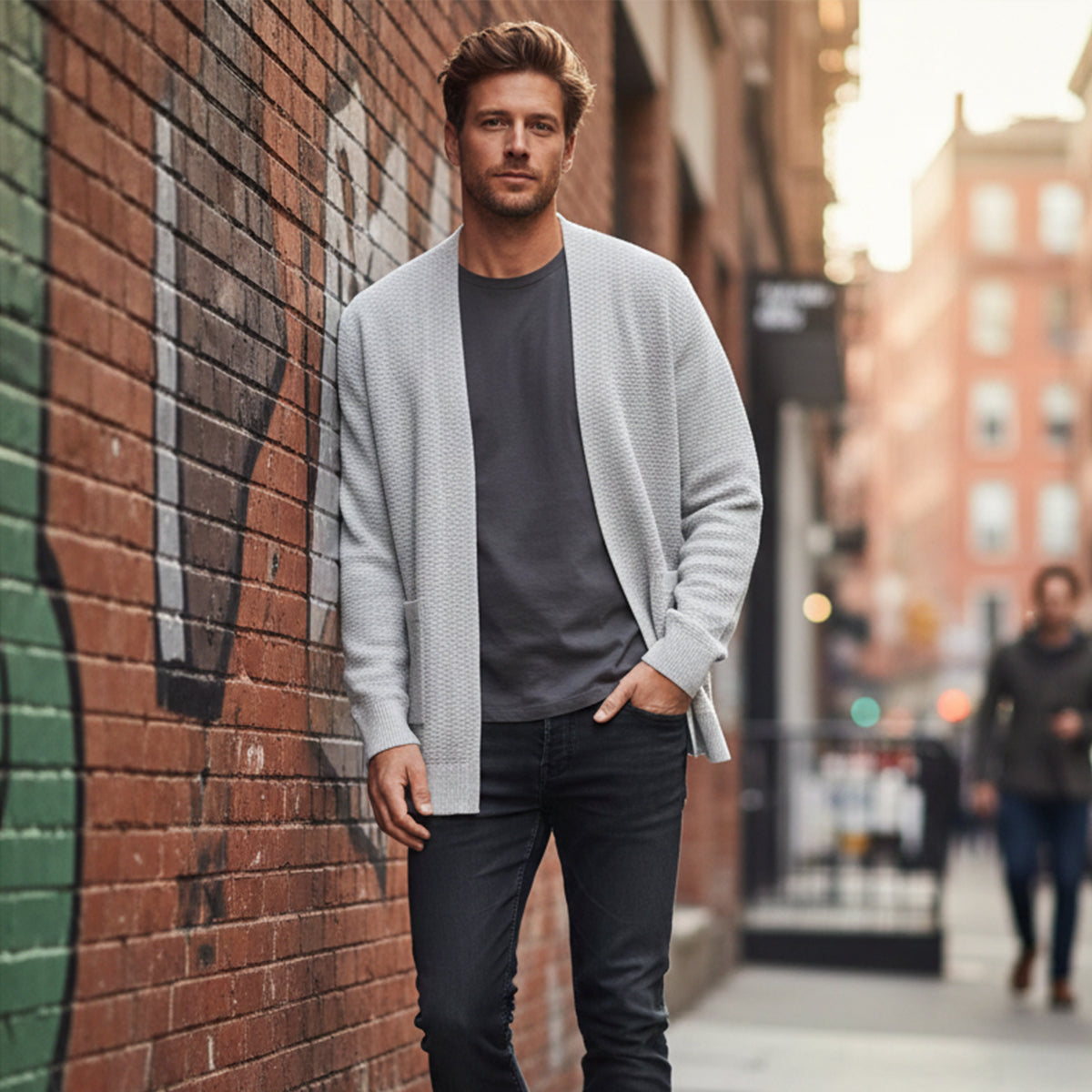 Callum | Men's Cable Knit Cardigan Cream Open Front Pockets