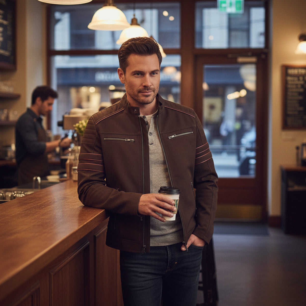 Bram | Men's Moto Jacket Black Quilted Sleeve Stripe