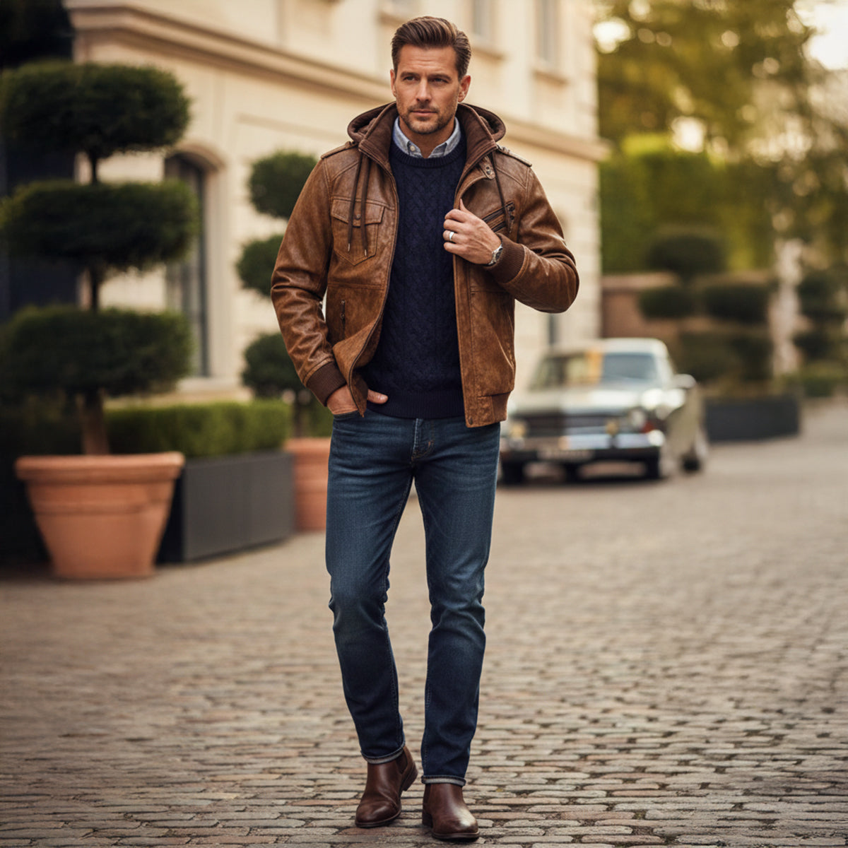 Axel | Men's Leather Bomber Jacket Brown Hooded Zip Up