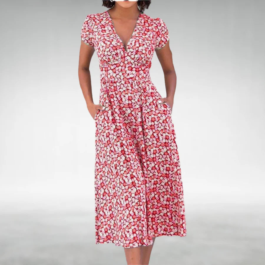 Camille | Women's Floral Midi Dress Blue White Short Sleeve