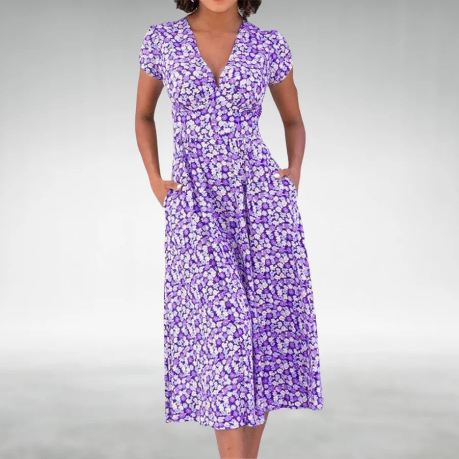Camille | Women's Floral Midi Dress Blue White Short Sleeve