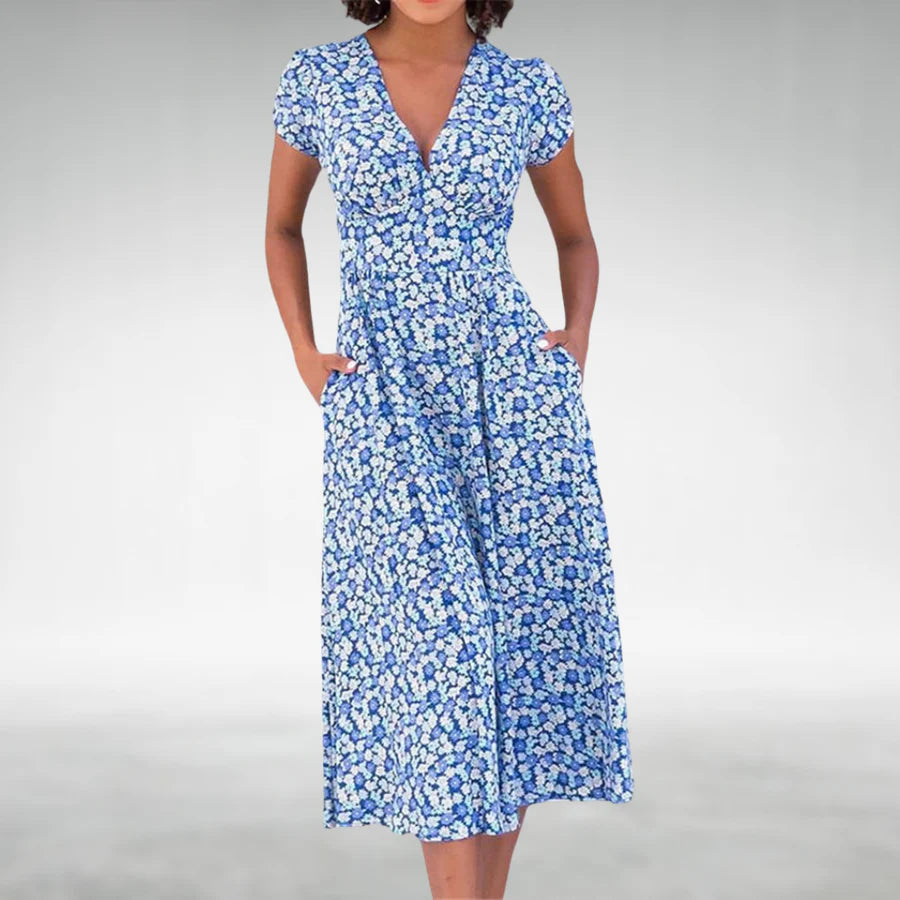 Camille | Women's Floral Midi Dress Blue White Short Sleeve