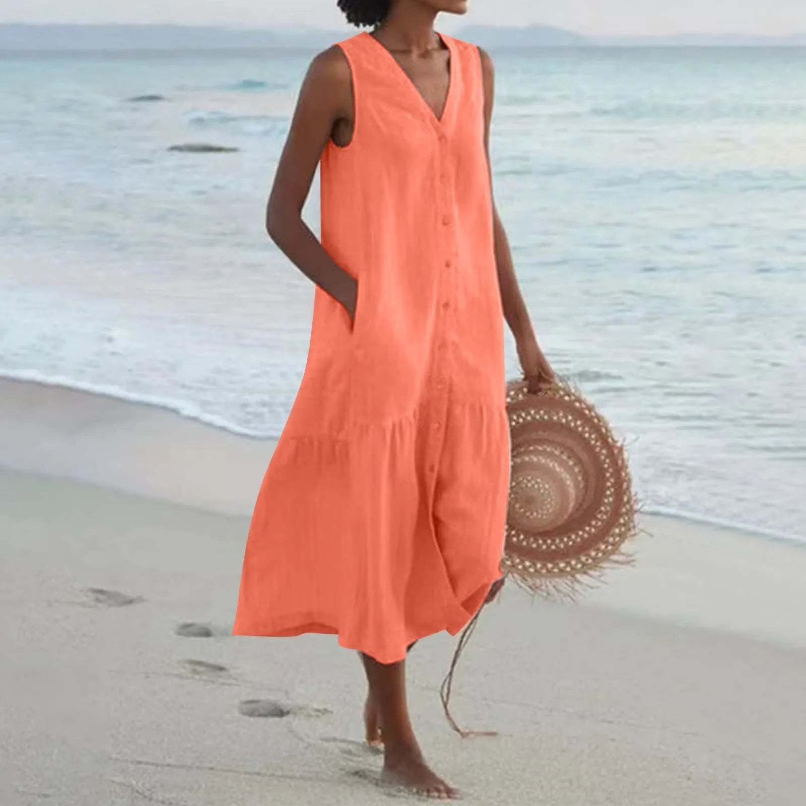Isla | Women's Vacation Dress Sleeveless V Neck Cream Linen Midi