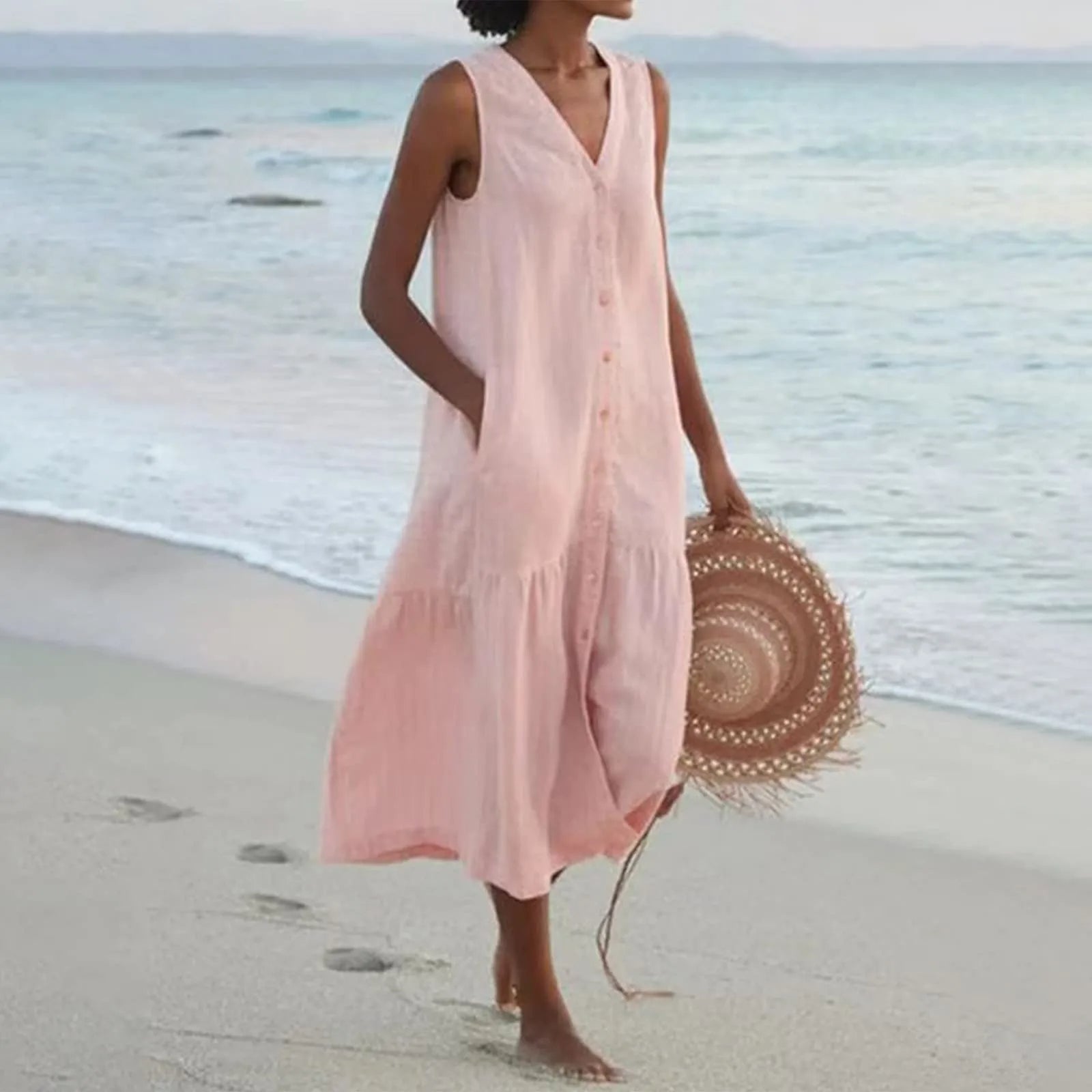Isla | Women's Vacation Dress Sleeveless V Neck Cream Linen Midi