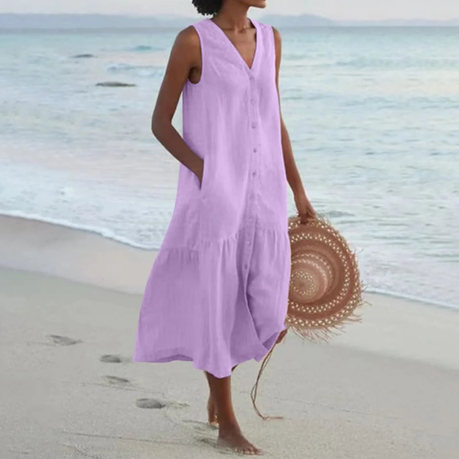 Isla | Women's Vacation Dress Sleeveless V Neck Cream Linen Midi