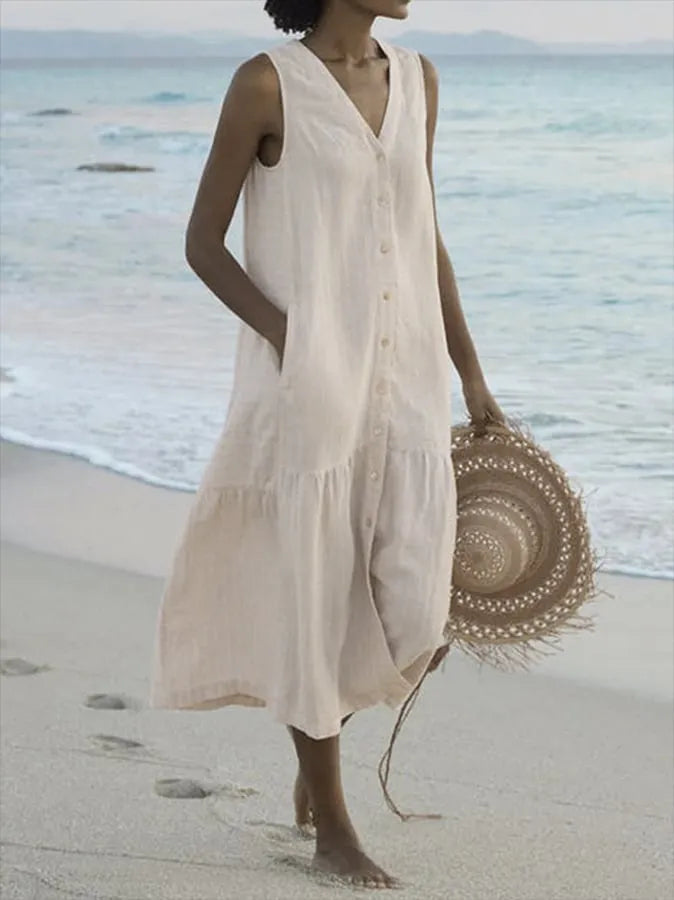 Isla | Women's Vacation Dress Sleeveless V Neck Cream Linen Midi