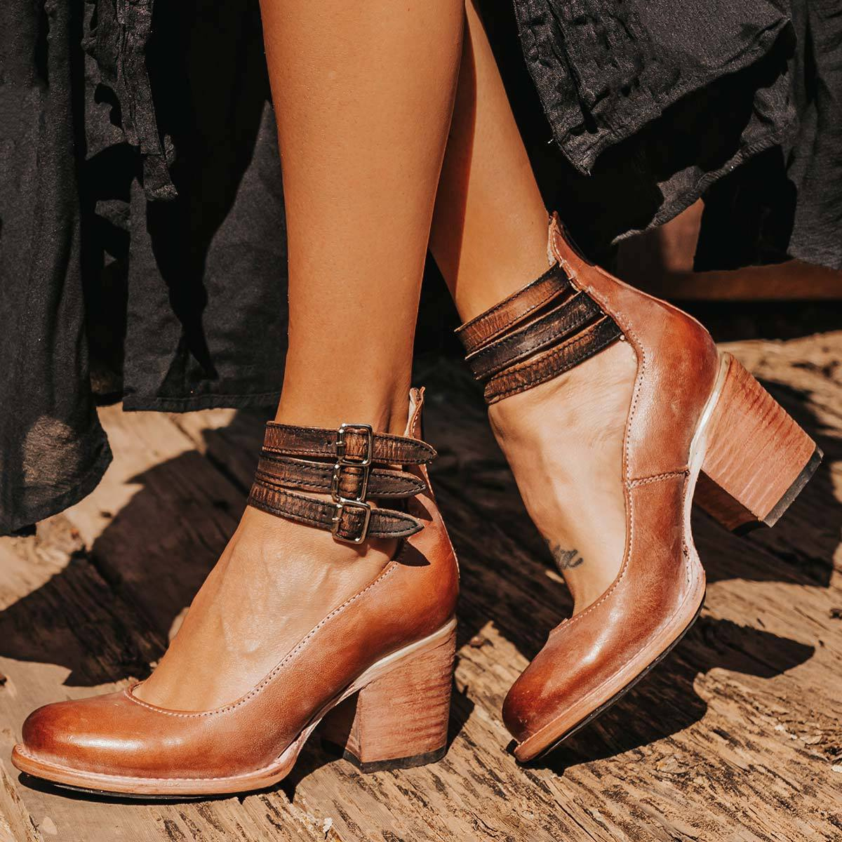 Camille | Women's Ankle Strap Block Heel Booties Black Distressed