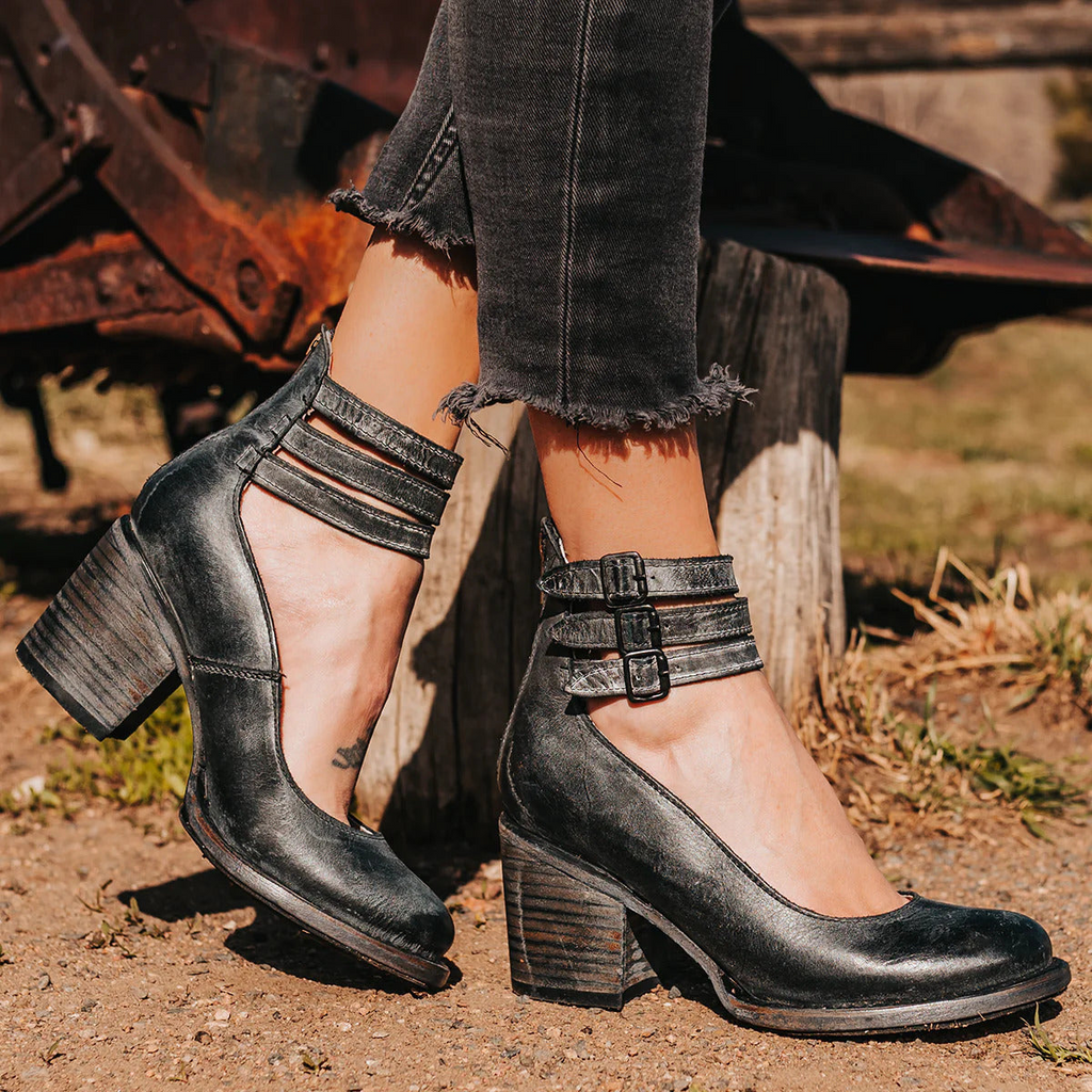 Dama Washington Camille women's ankle strap block heel booties black distressed - front view