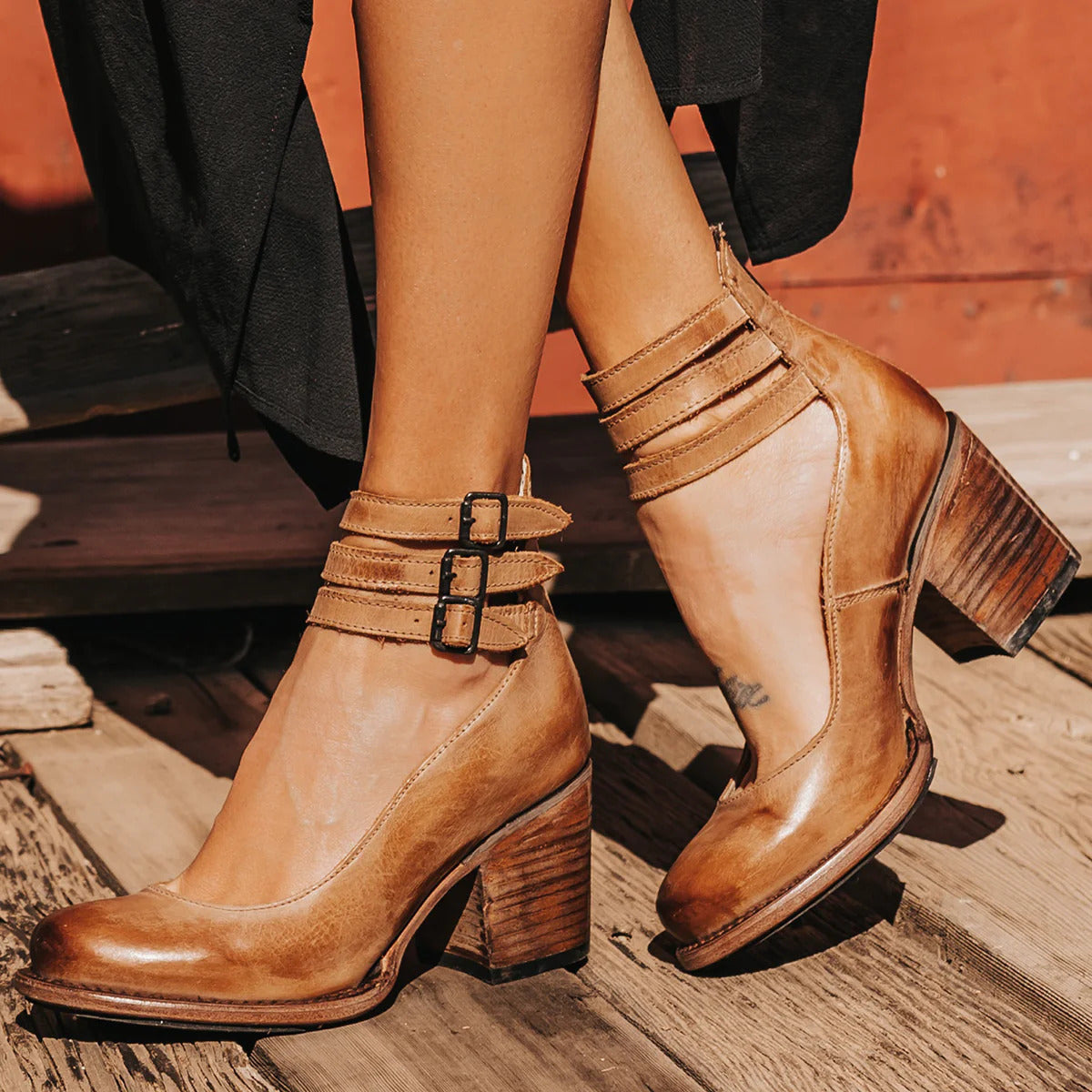 Camille | Women's Ankle Strap Block Heel Booties Black Distressed