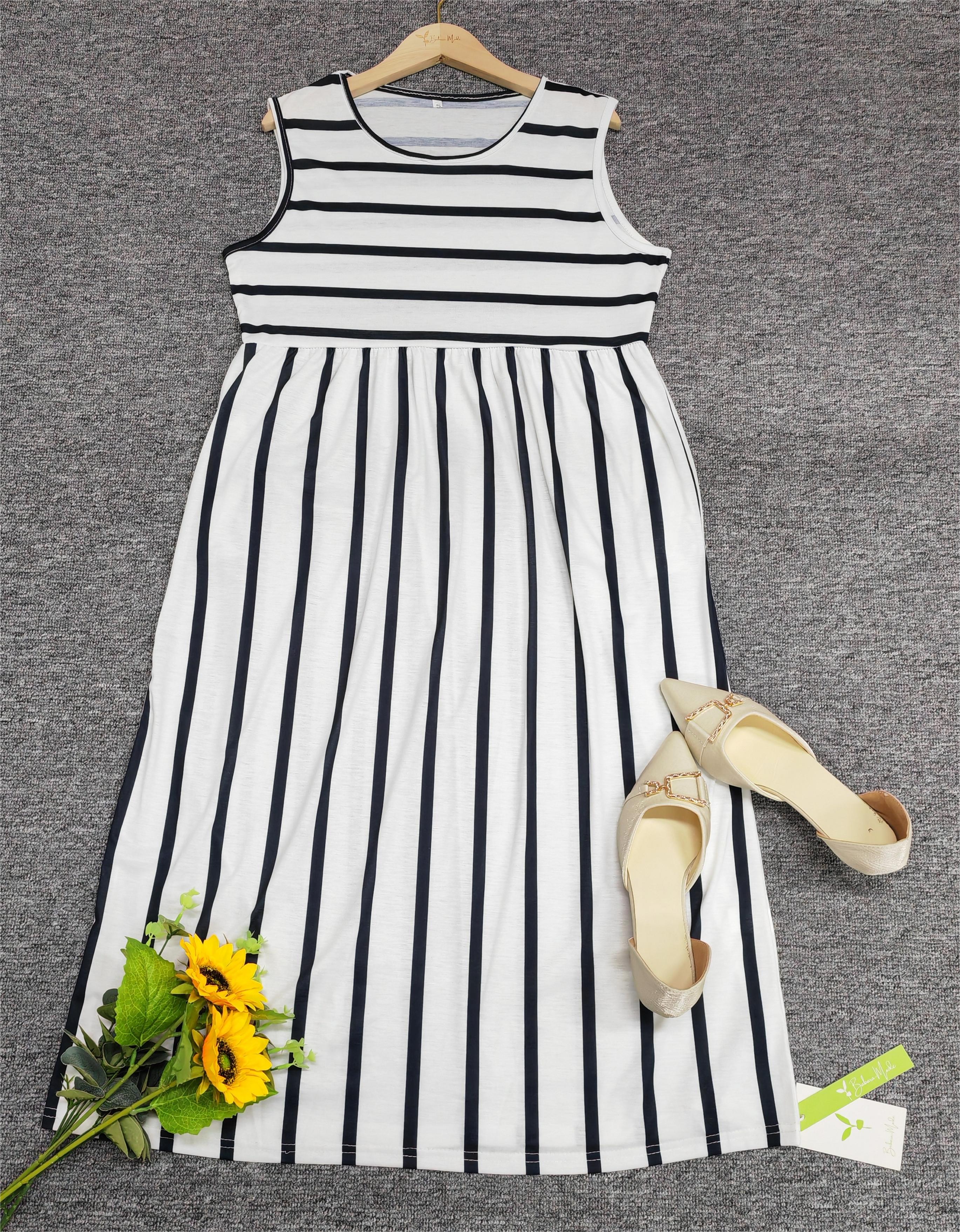 Ada | Women's Striped Midi Dress Sleeveless White Black
