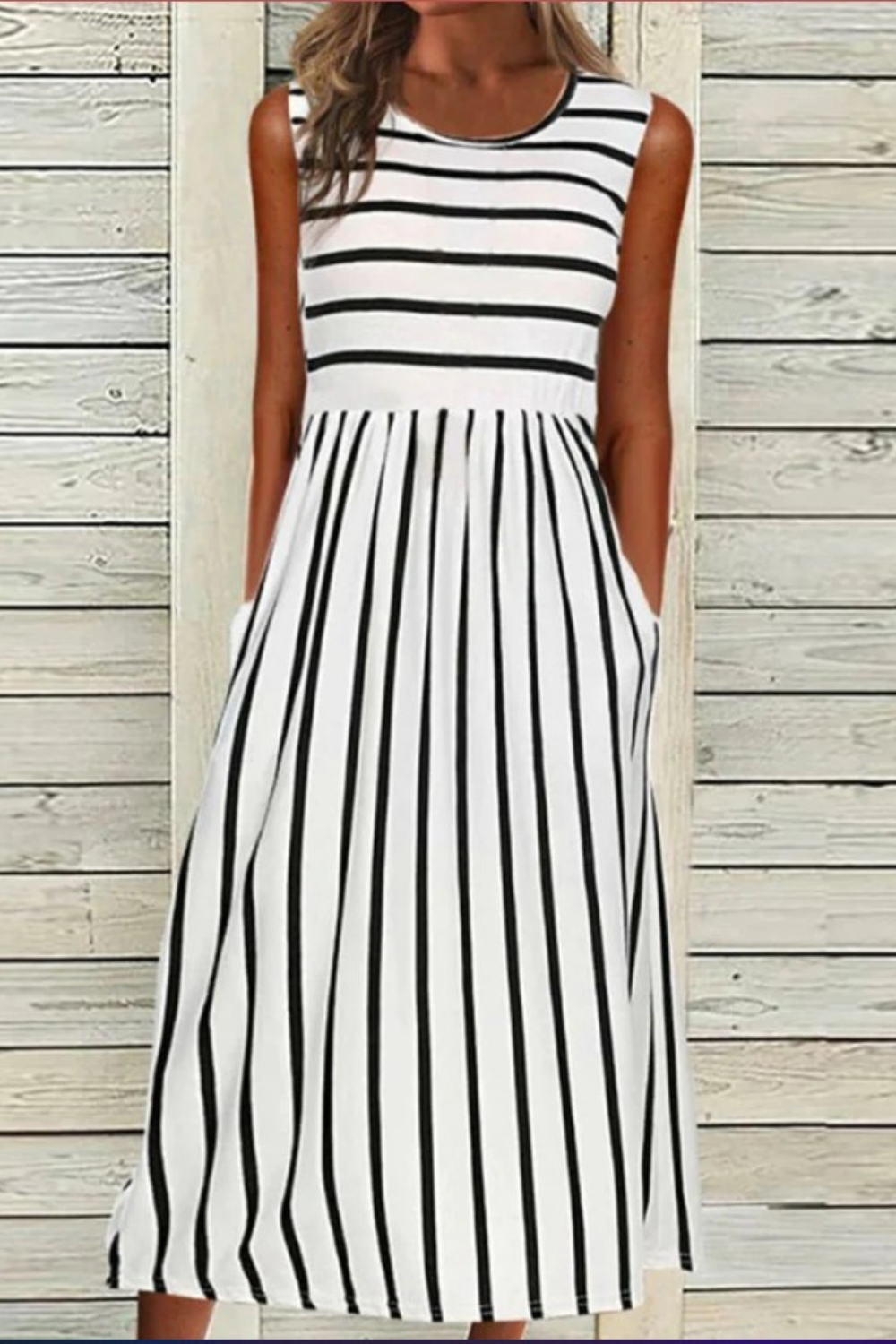 Ada | Women's Striped Midi Dress Sleeveless White Black