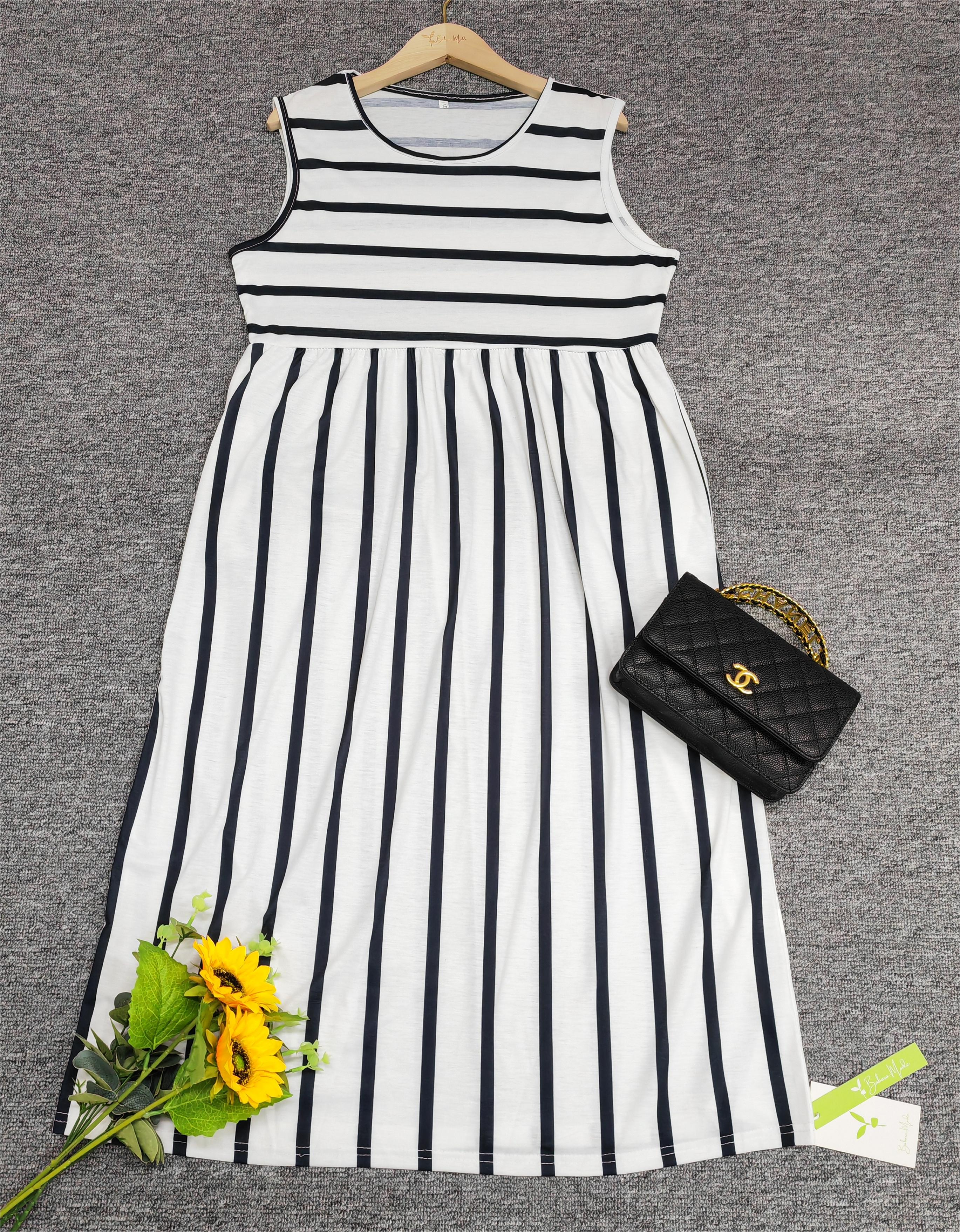 Ada | Women's Striped Midi Dress Sleeveless White Black