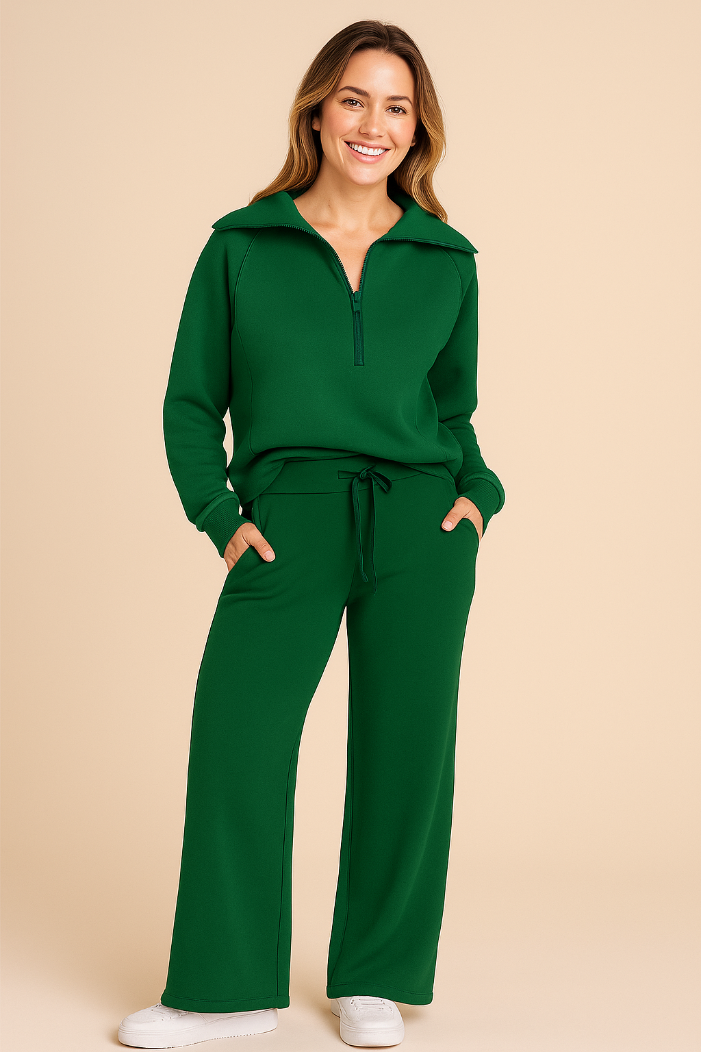 Nola | Women's Sweat Set Cream Quarter Zip Pullover Wide Leg