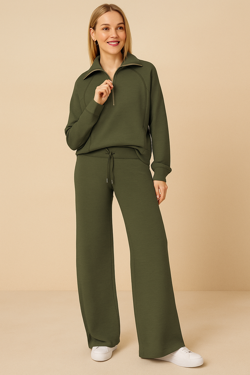Nola | Women's Sweat Set Cream Quarter Zip Pullover Wide Leg