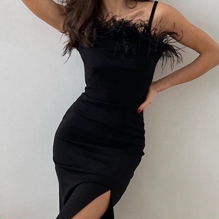 Faye | Women's Bodycon Mini Dress Black Feather Trim