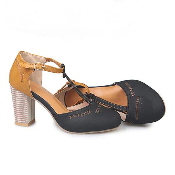 Mia | Women's T Strap Block Heel Pumps Black Tan
