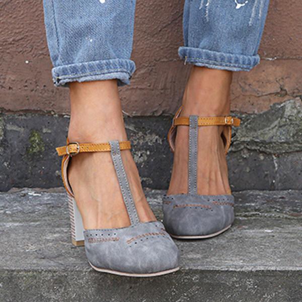 Mia | Women's T Strap Block Heel Pumps Black Tan
