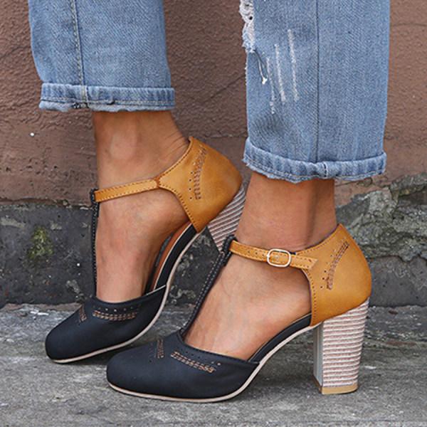 Mia | Women's T Strap Block Heel Pumps Black Tan