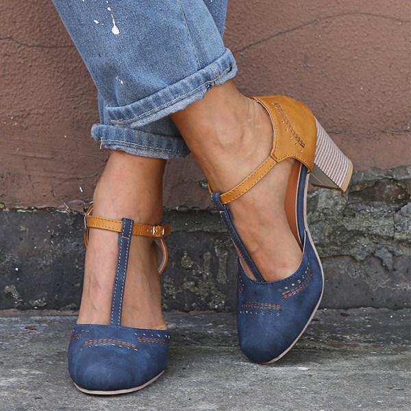 Mia | Women's T Strap Block Heel Pumps Black Tan